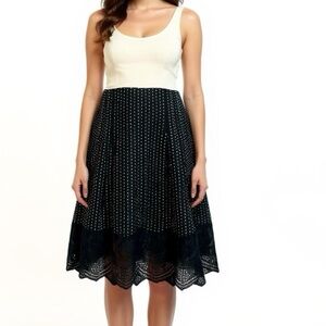 ANN TAYLOR Black Polka Dot Skirt Women’s Sz 6P 100% Cotton Full Knee Lace Hem